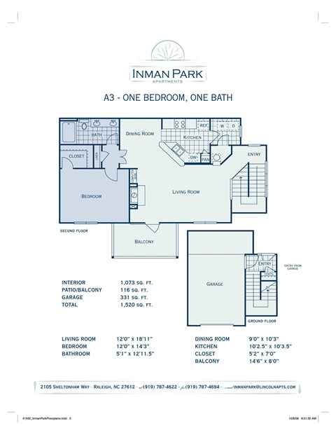 Floor plan for 1 bed, 1 bath, 1073 sqft